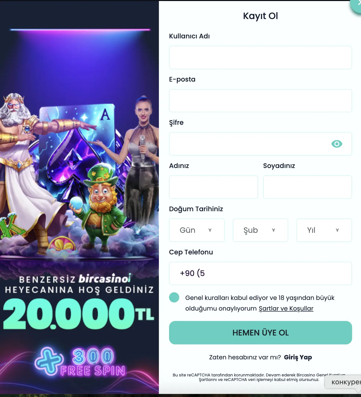 BirCasino kayıt ve giriş ekranı